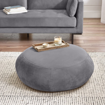 Furniturebox Uk Otis Modern Round Velvet Footstool On Wood Frame With Hidden Feet In Grey - image 1