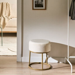 Wyld And Coco Modern Round Footstool In Off-White Velvet With Gold Metal Base, W35 X D35 X H40Cm - thumbnail 2