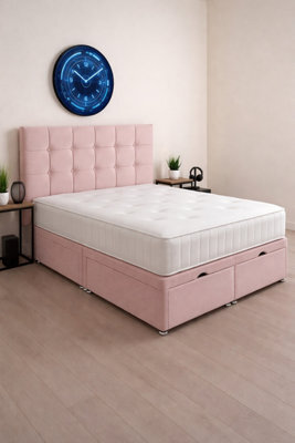Comfy Deluxe 2Ft6 Small Single Pink Plush Cube Ottoman Lift Open Storage Bed Set Headboard With Mattress