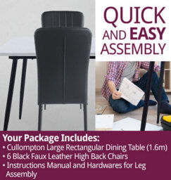 Hallowood Furniture Cullompton Large Rectangular Dining Table 160X90Cm, White Marble Effect Top, With 6 Black Faux Leather Chairs - thumbnail 7