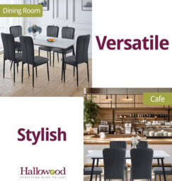 Hallowood Furniture Cullompton Large Rectangular Dining Table 160X90Cm, White Marble Effect Top, With 6 Black Faux Leather Chairs - thumbnail 6