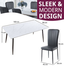 Hallowood Furniture Cullompton Large Rectangular Dining Table 160X90Cm, White Marble Effect Top, With 6 Black Faux Leather Chairs - thumbnail 3