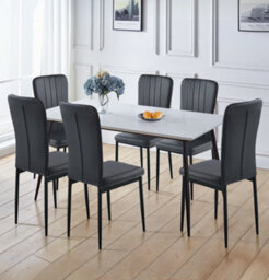 Hallowood Furniture Cullompton Large Rectangular Dining Table 160X90Cm, White Marble Effect Top, With 6 Black Faux Leather Chairs