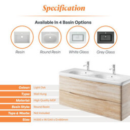 Plum&clay Eden Light Oak Wall Hung Vanity Unit With Round Resin Basin (W)1240mm - thumbnail 7