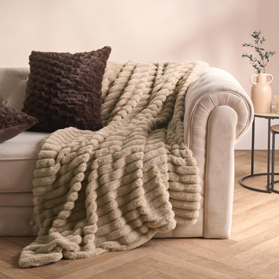 Ohs Faux Fur Ribbed Fleece Throw Over Bed Blanket Winter Warm Supersoft, Mink - 125 X 150Cm - image 1
