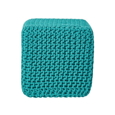 Homescapes Teal Green Cube Cotton Knitted Pouffe Footstool - image 1