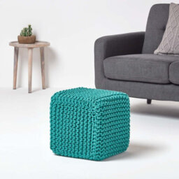 Homescapes Teal Green Cube Cotton Knitted Pouffe Footstool - thumbnail 2