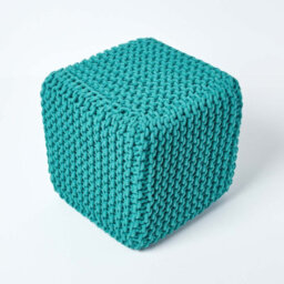 Homescapes Teal Green Cube Cotton Knitted Pouffe Footstool - thumbnail 3