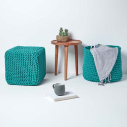 Homescapes Teal Green Cube Cotton Knitted Pouffe Footstool - thumbnail 6