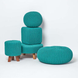 Homescapes Teal Green Cube Cotton Knitted Pouffe Footstool - thumbnail 5