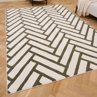 The Rugs Loft Olive And Ivory Herringbone Living Room Area Rug And Runners Soft Pile - image 1