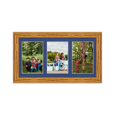 AK Frames 40X20Cm Oak Classic Multi Photo Frame With Blue Mount - Holds 3 Apertures (3X) 6X4 Photos - image 1