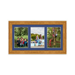 AK Frames 40X20Cm Oak Classic Multi Photo Frame With Blue Mount - Holds 3 Apertures (3X) 6X4 Photos