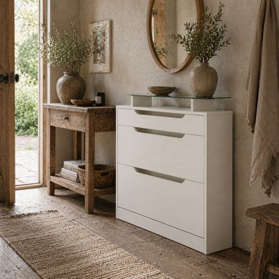 Wyld Haus Masola Slim White Shoe Cabinet 2 Flip Doors Slide-Out Drawer Tempered Glass Top 89X23X96Cm - image 1