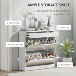 Wyld Haus Masola Slim White Shoe Cabinet 2 Flip Doors Slide-Out Drawer Tempered Glass Top 89X23X96Cm - thumbnail 5