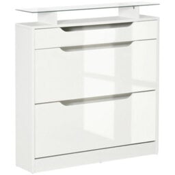 Wyld Haus Masola Slim White Shoe Cabinet 2 Flip Doors Slide-Out Drawer Tempered Glass Top 89X23X96Cm - thumbnail 2