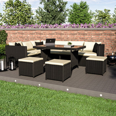 Lassic Vida Designs 9 Seater Rattan Furniture Set With Outdoor L Shaped Sofa, Table And Stools, Black - image 1