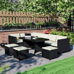 Lassic Vida Designs 9 Seater Rattan Furniture Set With Outdoor L Shaped Sofa, Table And Stools, Black - thumbnail 3
