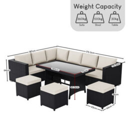 Lassic Vida Designs 9 Seater Rattan Furniture Set With Outdoor L Shaped Sofa, Table And Stools, Black - thumbnail 2