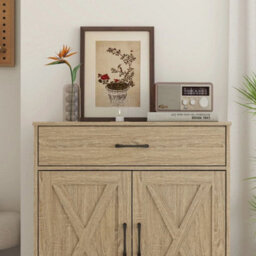 2 Doors 1 Drawer / Natural Storage Console Cabinet With Wooden Top Farmhouse Sideboard - thumbnail 4
