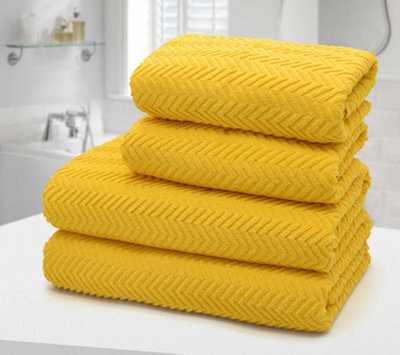Velosso 4Pc Chevron Jacquard Cotton Hand And Bath Towel Set Soft & Absorbent Cotton Towels Mustard