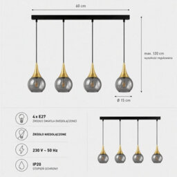 Luminosa Lighting Luminosa Lacrima Bar Pendant Ceiling Light Black, Gold Smoky Glass Shade 4X E27 - thumbnail 4