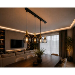 Luminosa Lighting Luminosa Lacrima Bar Pendant Ceiling Light Black, Gold Smoky Glass Shade 4X E27 - thumbnail 3