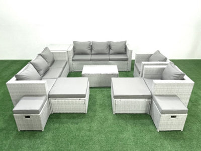 Fimous 10 Pieces Rattan Garden Furniture Set Outdoor Garden Sofa Chair Coffee Table Set 4 Stools Side Table Light Grey - image 1