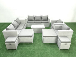 Fimous 10 Pieces Rattan Garden Furniture Set Outdoor Garden Sofa Chair Coffee Table Set 4 Stools Side Table Light Grey - thumbnail 1