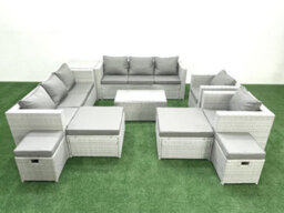 Fimous 10 Pieces Rattan Garden Furniture Set Outdoor Garden Sofa Chair Coffee Table Set 4 Stools Side Table Light Grey - thumbnail 2