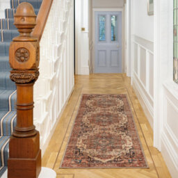 Loomed Oriental Design Cotton Chenille Rug Rust Navy Cream Machine Washable 60Cm X 240Cm - thumbnail 2