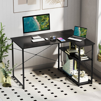 Costway L-Shaped Desk With Power Outlet Home Office Computer Desk With Reversible Shelves-Black - image 1