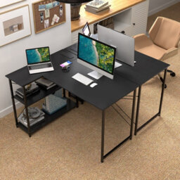 Costway L-Shaped Desk With Power Outlet Home Office Computer Desk With Reversible Shelves-Black - thumbnail 5