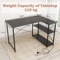 Costway L-Shaped Desk With Power Outlet Home Office Computer Desk With Reversible Shelves-Black - thumbnail 2