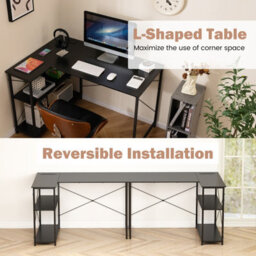 Costway L-Shaped Desk With Power Outlet Home Office Computer Desk With Reversible Shelves-Black - thumbnail 4