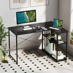 Costway L-Shaped Desk With Power Outlet Home Office Computer Desk With Reversible Shelves-Black - thumbnail 1