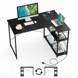 Costway L-Shaped Desk With Power Outlet Home Office Computer Desk With Reversible Shelves-Black - thumbnail 3