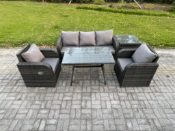 Fimous Rattan Wicker Garden Furniture Patio Conservatory Sofa Set With Dining Table Reclining Chair Side Table - thumbnail 2