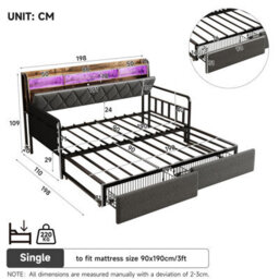 Abrihome 3Ft Single Walnut Wood Daybed With Pull-Out Trundle, Led Lights, Charging Station & Storage Drawer, Linen, Grey (No Mattress) - thumbnail 8
