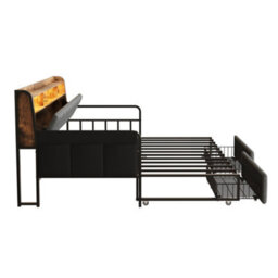 Abrihome 3Ft Single Walnut Wood Daybed With Pull-Out Trundle, Led Lights, Charging Station & Storage Drawer, Linen, Grey (No Mattress) - thumbnail 9