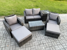 Fimous Outdoor Lounge Sofa Set Rattan Garden Furniture Set With Rectangular Coffee Table 2 Big Footstool Side Table - thumbnail 2