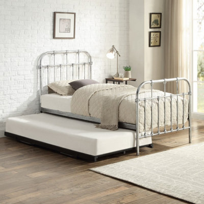 OAT Home Camden Distressed Steel Effect Metal Hospital Style Single Bed Frame & Guest Trundle