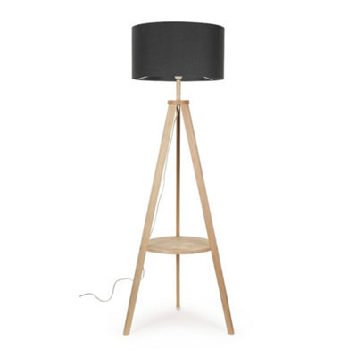Valuelights Morrigan Natural Wood Shelf Tripod Floor Lamp With Charcoal Drum Shade - image 1