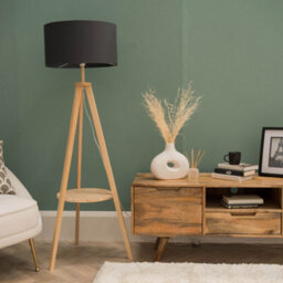Valuelights Morrigan Natural Wood Shelf Tripod Floor Lamp With Charcoal Drum Shade - thumbnail 5