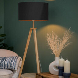 Valuelights Morrigan Natural Wood Shelf Tripod Floor Lamp With Charcoal Drum Shade - thumbnail 2