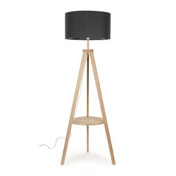 Valuelights Morrigan Natural Wood Shelf Tripod Floor Lamp With Charcoal Drum Shade
