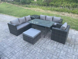 Fimous 8 Seater Outdoor Lounge Sofa Garden Furniture Set Patio Chair Rattan Rectangular Dining Table With Side Table Footstool - thumbnail 1