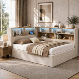 Modernluxe 4Ft6 Double Bed, 135X190Cm, Daybed, Sofa Bed With Storage, Led, Usb Charging Port, Velvet, Beige - thumbnail 2