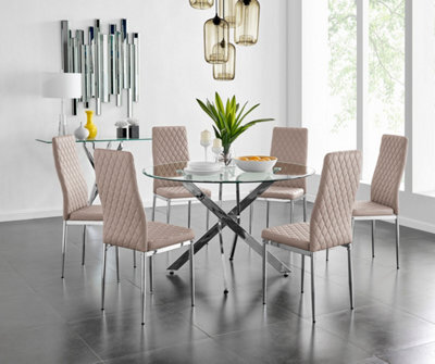 Furniturebox Novara Clear Tempered Glass 120Cm Round Dining Table With Chrome Starburst Legs & 6 Beige Milan Faux Leather Chairs - image 1