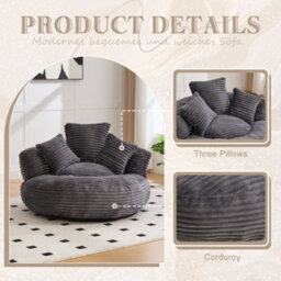 Abrihome Large Corduroy Bean Bag Chair For Adults And Kids With 3 Pillows And Armrest, Soft Lounge Seat, Dark Grey - thumbnail 3